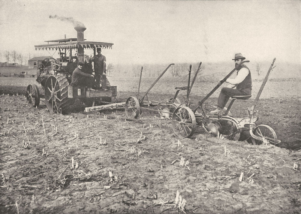 USA. A Modern Steam Plow plough that turns seven furrows at one time 1907